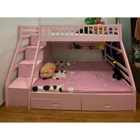 EU192 - Pink : Giường 2 Tầng, 2 Hộc Kéo + Cầu Thang Đảo Chiều, Giá Sách - Trên 1m / Dưới 1m4